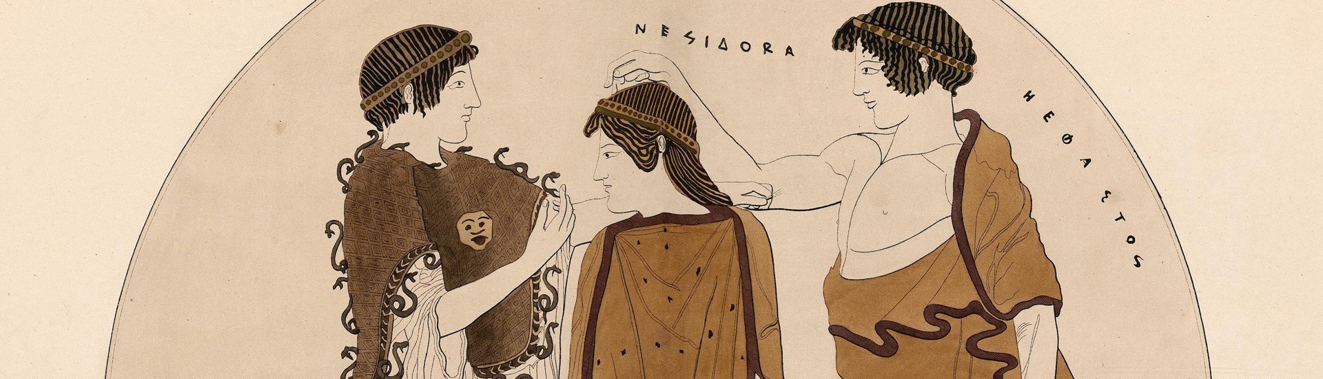 The birth of Pandora (Anisidora). From the interior of a kylix in the British Museum (5th c. BC). C. Lenormant &amp; J. J. A. M. de Witte, <i>&Eacute;lite des monuments c&eacute;ramographiques</i> (vol. III) (1858), pl. XLIV.